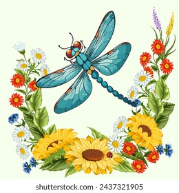 Large dragonfly on flowers.Vector illustration with a bouquet of flowers and a large dragonfly.The images are created without the use of any artificial intelligence software at any stage.