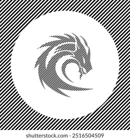 A large dragon's head symbol in the center as a hatch of black lines on a white circle. Interlaced effect. Seamless pattern with striped black and white diagonal slanted lines