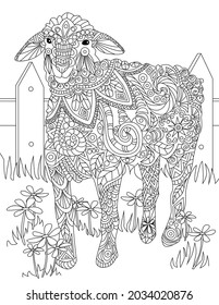 Large Drawing Of A Sheep Standing Alone Inside The Fence Waiting For Shephered. Big Lamb Line Drawing Waiting On His Own Surrounded By Wood Railings.