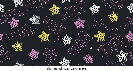 Large drawn colorful stars. The background is dotted with small stars. For prints and seamless surfaces of textiles, packaging, wallpaper.
