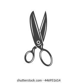 Large dressmaking, tailoring, sewing scissors. Black icon, logo element, flat vector illustration isolated on white background.