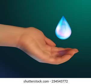 A large drop of water and realistic hand to support it. Vector