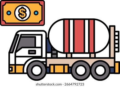 A large dump truck with a dollar bill placed on top of it. The truck is black and white