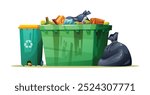 Large dumpster overflowing with garbage, next to a recycling bin and trash bag. Vector cartoon illustration