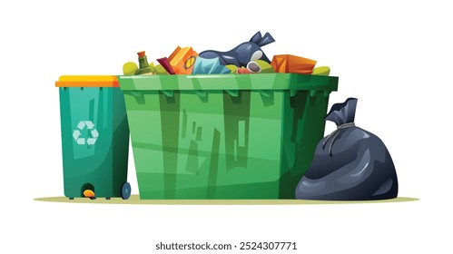 Large dumpster overflowing with garbage, next to a recycling bin and trash bag. Vector cartoon illustration