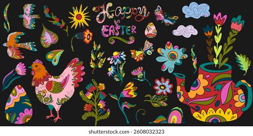 Large Easter decorative set. Vector elements in folk style: rabbits, eggs, flowers, chickens, birds, roosters and ornaments. Bright spring design for festive decoration.