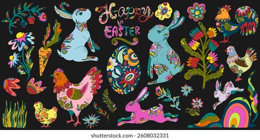 Large Easter decorative set. Vector elements in folk style: rabbits, eggs, flowers, chickens, birds, roosters and ornaments. Bright spring design for festive decoration.