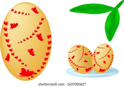A large Easter egg decorated with red hearts, nearby are two small Easter eggs on a saucer
