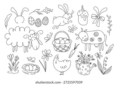 Large Easter line art illustration set with animals, eggs, basket, and spring elements. Ideal for greeting cards, decoration, packaging, and festive design.
