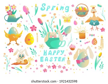 A large Easter set of cute cartoon characters and design elements. Easter bunny, chicken, chicken, eggs, flowers, butterflies, watering can, candles, candy, pastries, carrots. Vector illustration.