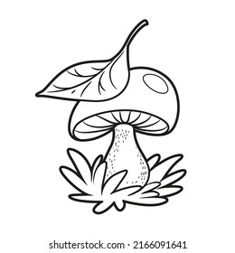 Large edible mushroom in the grass covered with a leaf from above linear drawing for coloring isolated on white background