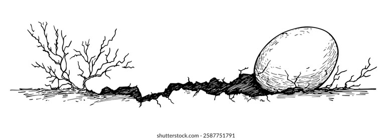 large egg emerging from cracked ground in hand-drawn line art style