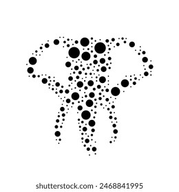 Una Grande cabeza de elefante en el centro hecha en estilo puntillismo. El símbolo central está lleno de círculos negros de varios tamaños. Ilustración vectorial sobre fondo blanco