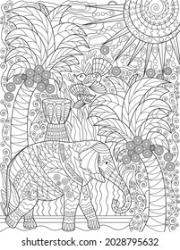 Large Elephant With Tall Coconut Trees Birds Flying Sun In The Sky Colorless Line Drawing. Big Mammal With Long Trunk Standing Walking Coloring Book Page