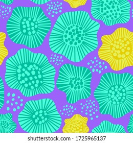 Large emerald and yellow flowers on a lilac background. Seamless doodle pattern of beautiful flowers and dots. Vector illustration for wrapping, wallpaper, card, cover, poster, banner