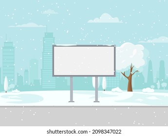 Un gran cartel vacío de la ciudad para su publicidad en la paisajista ciudad invernal. ilustración vectorial