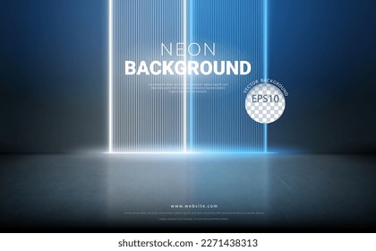 Large empty dark room  with concrete floor and blue white beam line neon light background. Vector illustration - Shutterstock ID 2271438313
