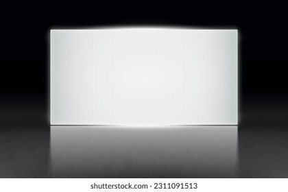 Large empty dark room concrete floor with big blank white illuminated screen backdrop all elements isolated. Vector illustration