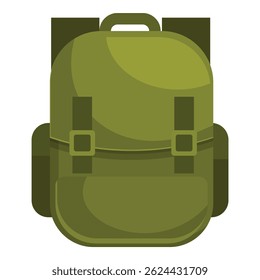 Large empty green backpack is standing upright, ready for an adventure or expedition