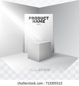 Large empty poster (billboard) mockup (template) stand on the wall in the room corner with pedestal (stand, podium) and spotlight