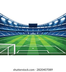 A large, empty soccer stadium with a vibrant green field and goal post.