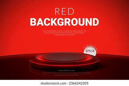 Large empty studio black stage podium and red neon with big blank red illuminated screen backdrop background. Vector illustration