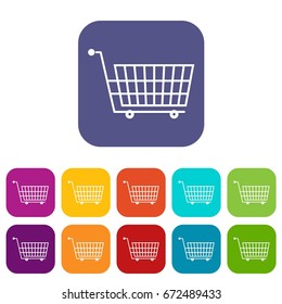 Large empty supermarket cart icons set vector illustration in flat style In colors red, blue, green and other