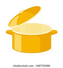 Large empty yellow saucepan for cooking soups isolated on white background. Open dishes with lid. Kitchen utensils. Kitchen pot Vector illustration