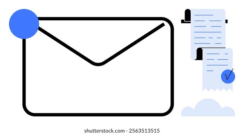 Large envelope with blue notification symbol, next to long document and checklist with blue checkmark. Ideal for themes including communication, organization, email notifications, updates