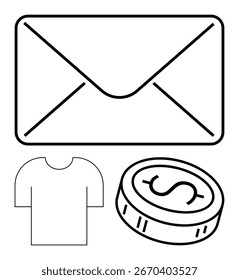 Large envelope, simple T-shirt, and coin with dollar symbol. Ideal for communication, finance, online shopping, fashion, retail marketing and e-commerce topics. Line metaphor