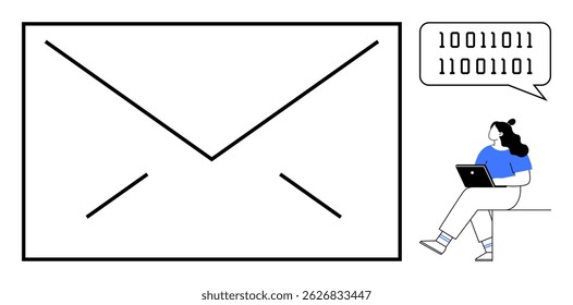 Large envelope symbol with binary code speech bubble. Woman sitting with laptop. Ideal for email, communication, technology, coding, online learning, digital marketing, remote work. Line metaphor