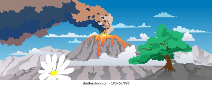 A large erupting volcano amid mountains of clouds and a tree in the foreground. Image to the cartoon style. Vector illustration.