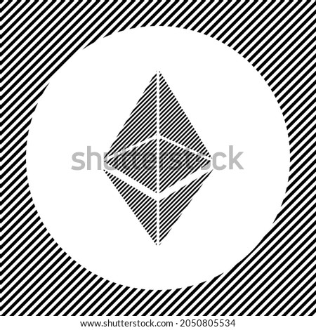 A large ethereum symbol in the center as a hatch of black lines on a white circle. Interlaced effect. Seamless pattern with striped black and white diagonal slanted lines
