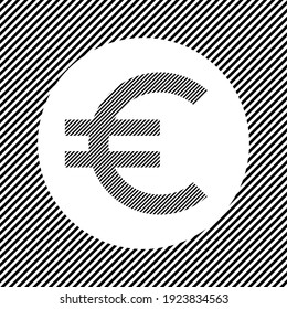 A large euro symbol in the center as a hatch of black lines on a white circle. Interlaced effect. Seamless pattern with striped black and white diagonal slanted lines