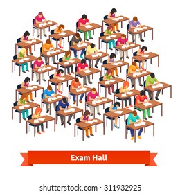 Large exam classroom hall full of students at their desks writing a test. Flat style vector illustration isolated on white background.