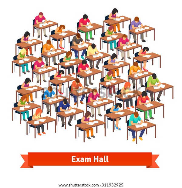 Large exam classroom hall full of students at\
their desks writing a test. Flat style vector illustration isolated\
on white background.