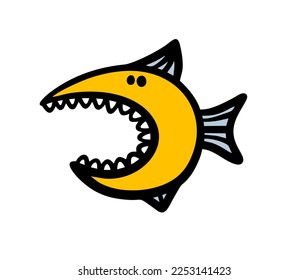 Large exotic friendly shark fish with an open mouth and sharp teeth. Vector illustration of a dangerous marine predator.