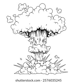 A large explosion cloud ascends into the atmosphere creating a massive mushroom shape. Dust and debris scatter around as the blast forcefully disrupts the surroundings.