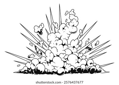 A large explosion erupts sending clouds of smoke and debris into the air. Jagged spikes and billowing clouds form an impactful display creating a dramatic effect.