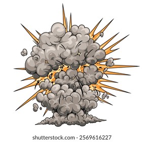 A large explosion occurs producing thick clouds of gray smoke and vibrant orange bursts. The dramatic scene illustrates a powerful detonation in a cartoonish manner emphasizing chaos.