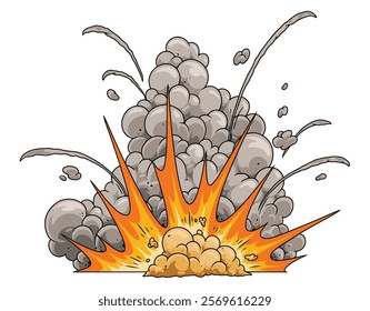 A large explosion occurs sending a cloud of gray smoke and debris into the air. The bright orange flames erupt at the base creating a dynamic visual of destruction and chaos.
