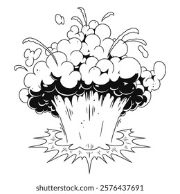 A large explosion occurs sending plumes of smoke and debris into the air. The cloud is dark at the base and turns lighter at the top illustrating the power of the blast.