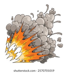 A large explosion releases bright orange flames and thick gray smoke. Debris is scattered as the force of the blast creates an intense cloud darkening the surroundings.