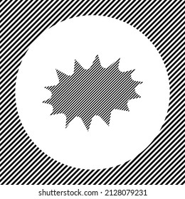 A large explosion symbol in the center as a hatch of black lines on a white circle. Interlaced effect. Seamless pattern with striped black and white diagonal slanted lines