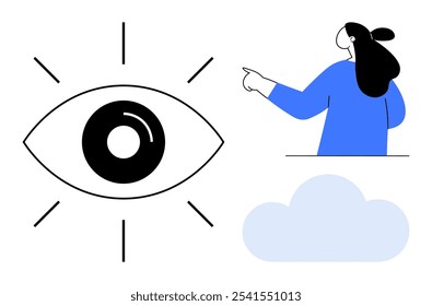 Large eye in center with radiating lines. Person on right pointing towards a cloud. Ideal for vision creativity imagination future cloud computing minimalism. Modern minimalist style with bold lines