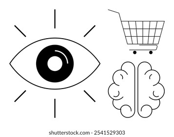 Large eye with rays, brain outline, and shopping cart. Ideal for marketing, consumer behavior, psychology, digital transformation, and retail trends. Simple lines and black and white colours