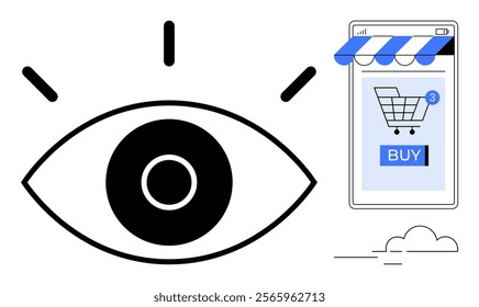 Large eye symbol next to a smartphone screen displaying a shopping cart and Buy button. Ideal for ecommerce, online shopping, digital marketing, consumer behavior, website UI UX. Simple modern style