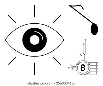 Large eye symbol with radiating lines, musical note in the upper corner, and Bitcoin integrated with circuit lines in the bottom corner. Ideal for technology, finance, music, digital culture