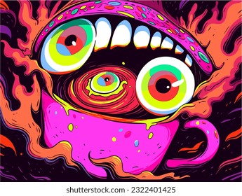 large eyes, a steaming cup of coffee in one hand, and a coffee monster