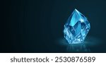 Large, faceted blue gemstone with multiple reflective surfaces, with shadow and reflect, set against a dark background.